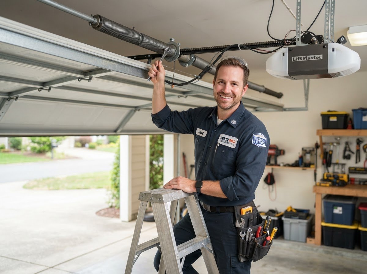 Technician inspecting garage door hardware